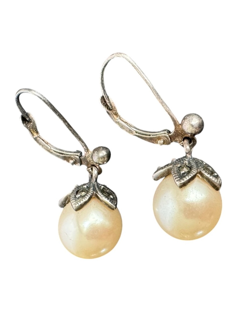 Vintage Sterling‎ Silver Marcasite Pearl Earrings Drop Dangle Leaver Back 925